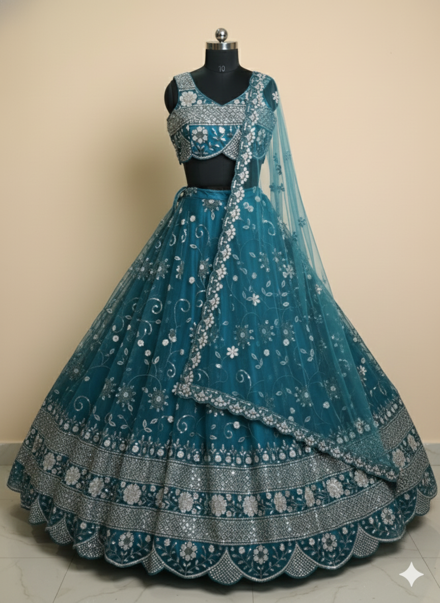 Teal Blue Embroidered Net Lehenga Fabric