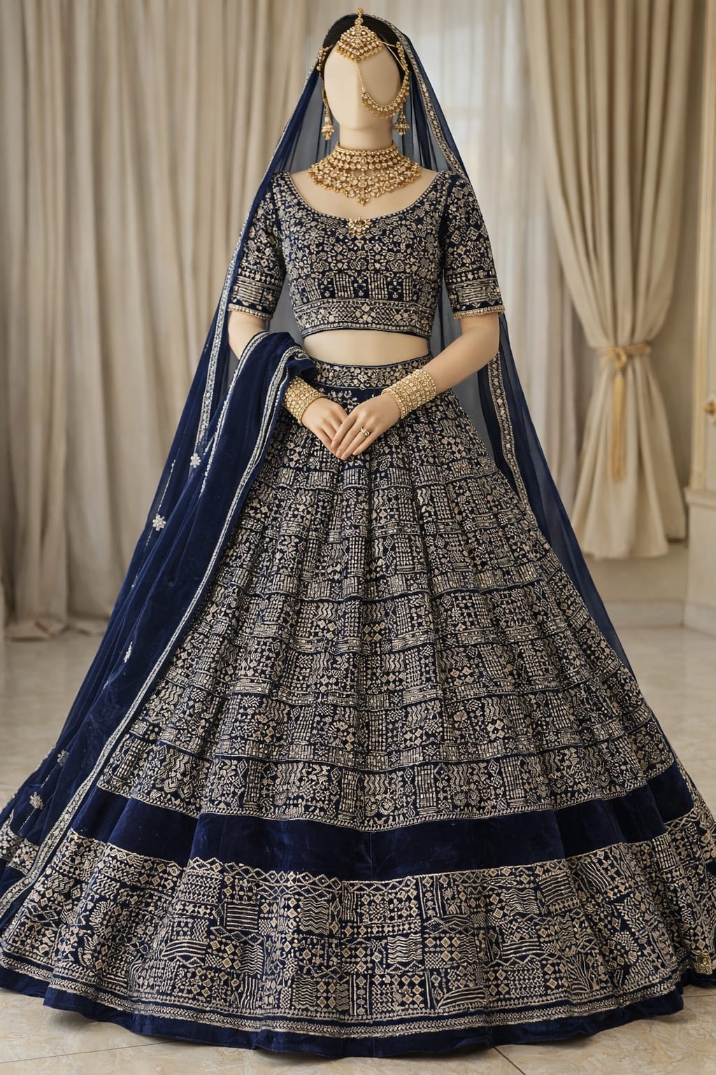 Midnight Blue Hand-Embroidered Bridal Lehenga Set