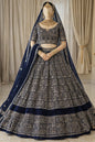 Midnight Blue Hand-Embroidered Bridal Lehenga Set