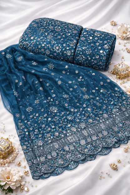 Teal Blue Embroidered Net Lehenga Fabric
